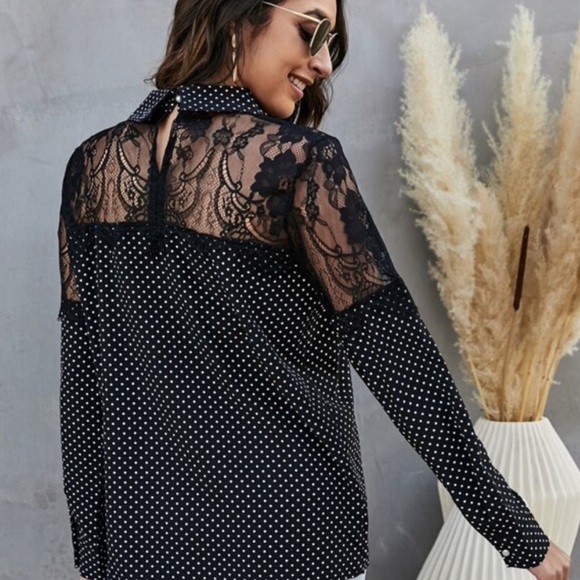 Black white polka dot floral sheer lace blouse - Picture 9 of 10